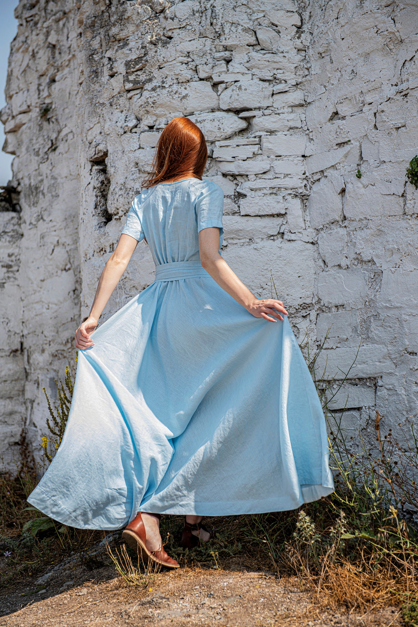 June Dress in Light Blue Linen/Cotton
