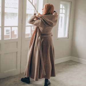 Wool Maxi Cardigan Coat: Hooded, Belted, with Pockets, Fall Winter Clothing image 3