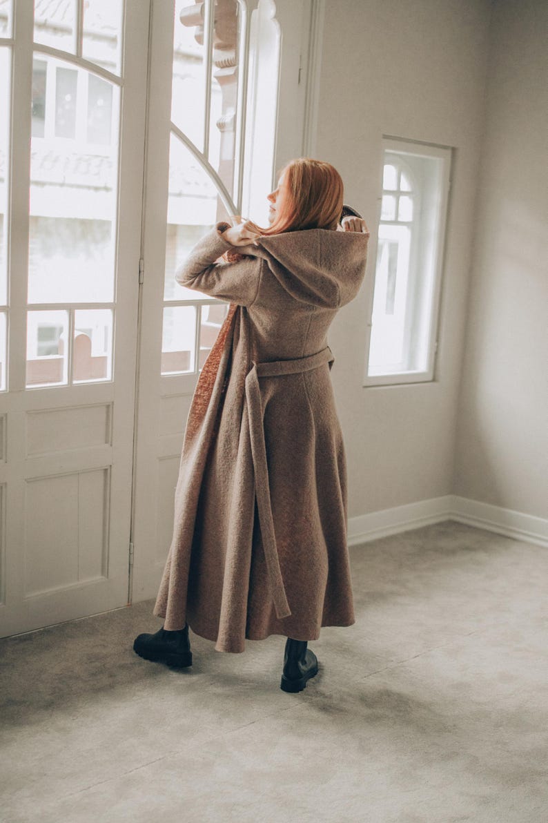 Wool Maxi Cardigan Coat: Hooded, Belted, with Pockets, Fall Winter Clothing image 3
