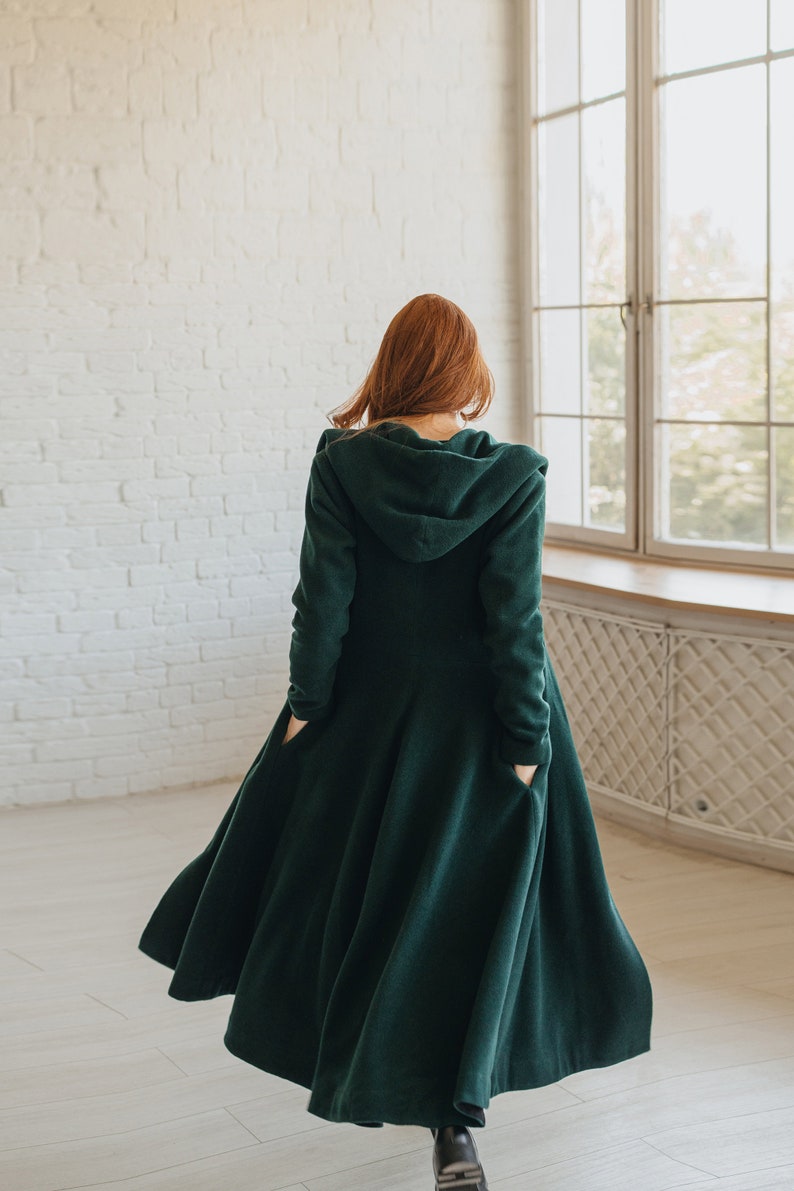 Wool Coat for Women, Burgundy Winter Coat, Winter Coat with Hood, Princess Coat, Long Trench Coat, Plus Size Clothing, Wool Swing Coat Dark Green