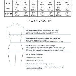 May include: Size chart with bust, waist, hips, and height measurements in inches and centimeters. Includes instructions on how to measure bust, waist, and hips. The chart also provides tips for measuring yourself. The brand logo is at the bottom.