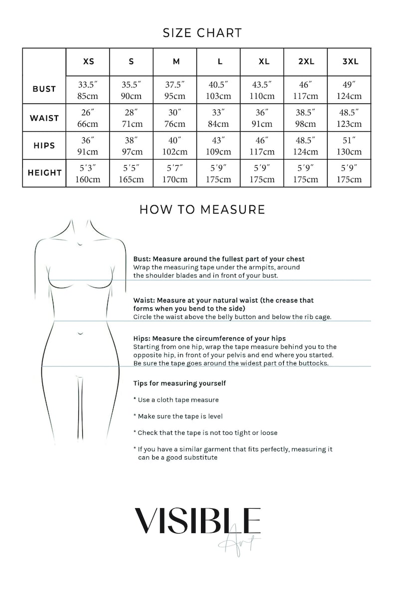 May include: Size chart with bust, waist, hips, and height measurements in inches and centimeters. Includes instructions on how to measure bust, waist, and hips. The chart also provides tips for measuring yourself. The brand logo is at the bottom.