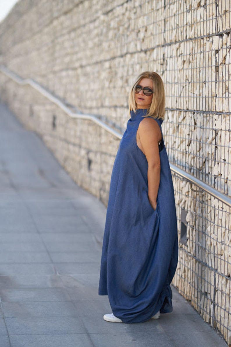 Summer Maxi Dress, Plus Size Women Dress, Kaftan Dress, Blue Maxi Dress, Long Oversize Dress, Cotton Bubble Dress, Plus Size Clothing Women image 8