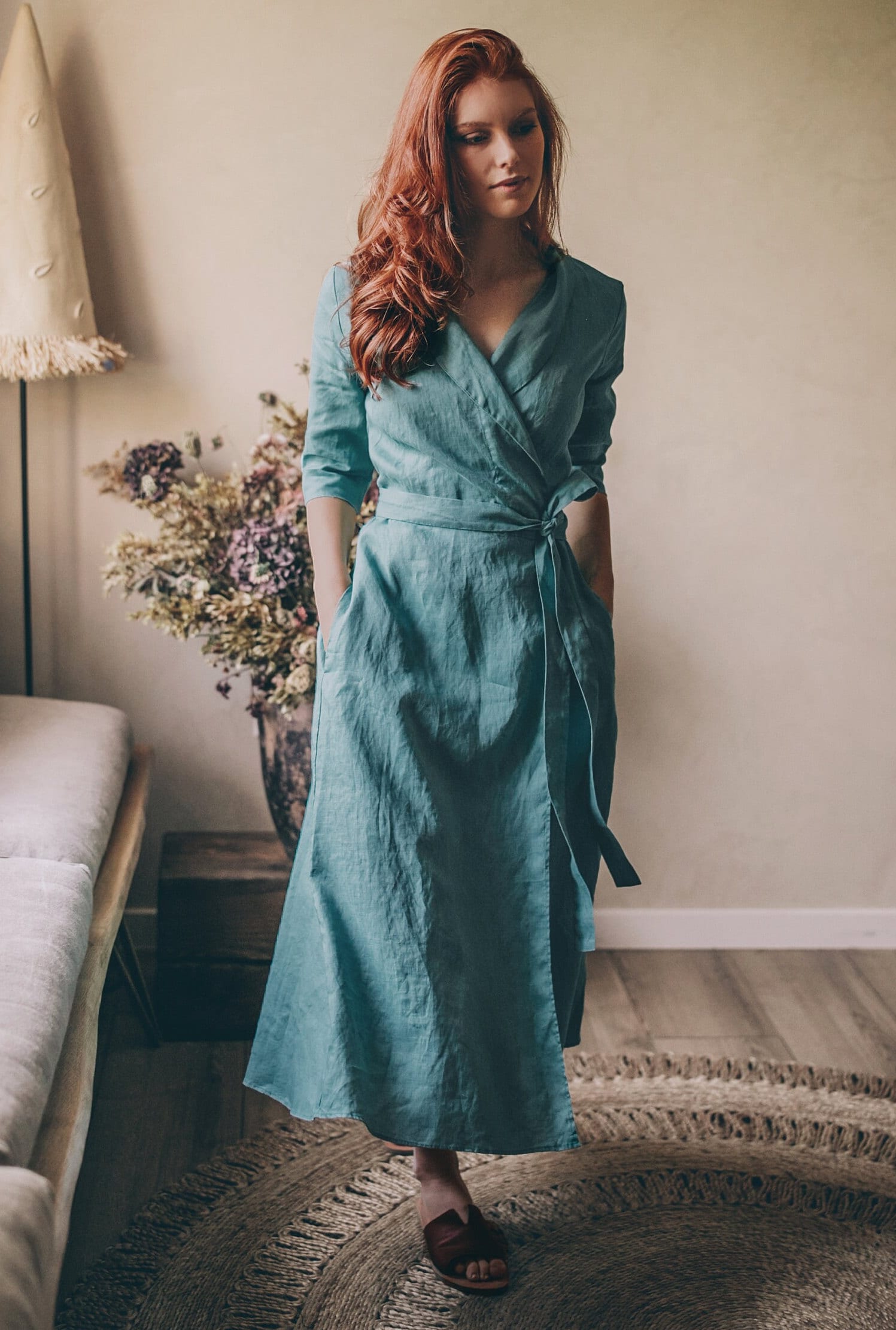 Linen Wrap Dress with Shawl Collar and Pockets, Midi Length, Boho Clothes