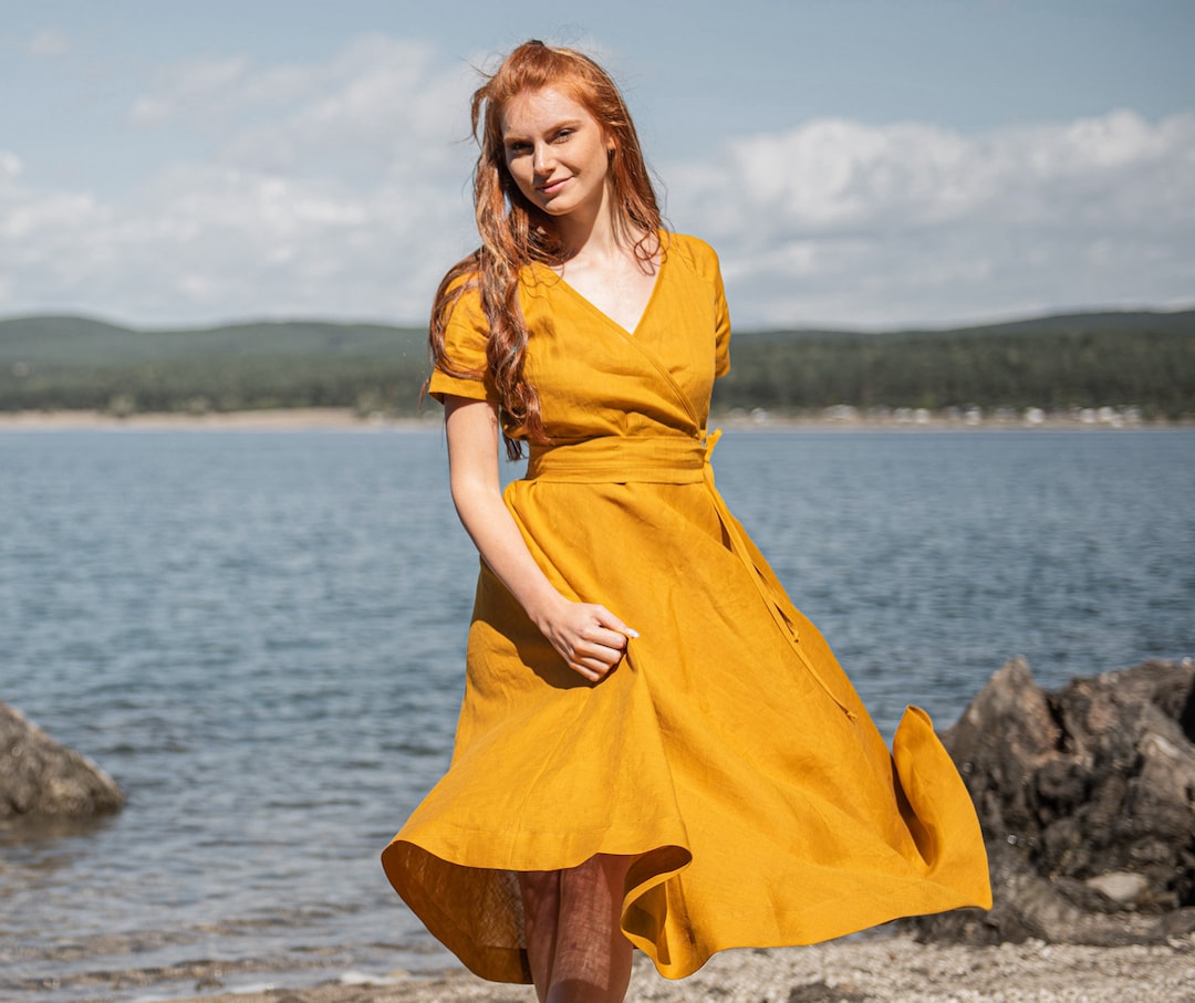 Linen Ochre Dress Plus Size Linen Dress Short Sleeve Dress - Etsy