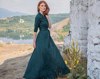 Deep Green Linen Dress with Tie Waist, Wrap Linen Dress, Washed Linen Maxi Dress, Linen Dress For Women, Plus Size Linen, Belted Linen Dress