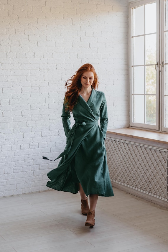 Heavy Linen Wrap Dress, Shawl Collar, Midi Length with Pockets