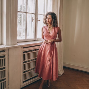 Summer Linen Dress, Linen Midi Dress, Linen Wrap Dress, Vintage Pink Linen Dress, Linen Dress Women, Sleeveless Linen Dress, Linen Clothing image 2