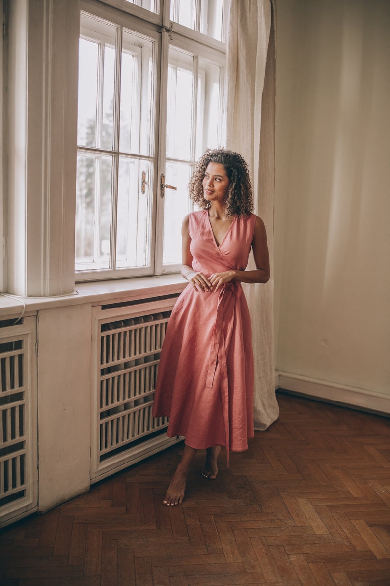 Summer Linen Dress, Linen Midi Dress, Linen Wrap Dress, Vintage Pink Linen Dress, Linen Dress Women, Sleeveless Linen Dress, Linen Clothing image 2