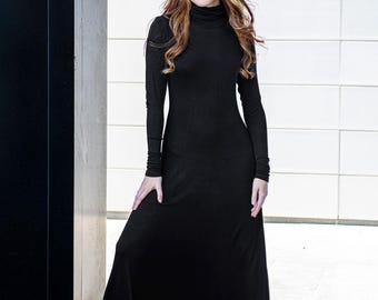Black Knitted Maxi Dress: Cotton Turtleneck A-Line Sweater Dress