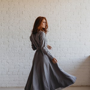 Long Sleeve Linen Midi Dress, Gray Linen Dress For Women, Heavy Linen Dress, Fall Linen Dress with Pockets, Plus Size Linen Clothing image 5