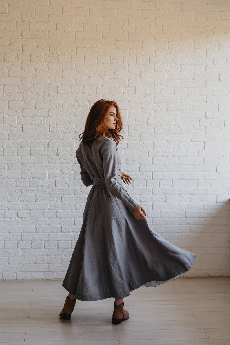 Long Sleeve Linen Midi Dress, Gray Linen Dress For Women, Heavy Linen Dress, Fall Linen Dress with Pockets, Plus Size Linen Clothing image 5
