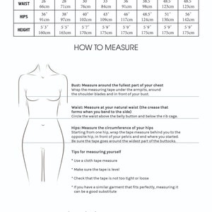 May include: Size chart for clothing with measurements in inches and centimeters. Bust, waist, hips, and height measurements are listed for sizes XS to 4XL. The chart includes instructions on how to measure yourself for a proper fit.
