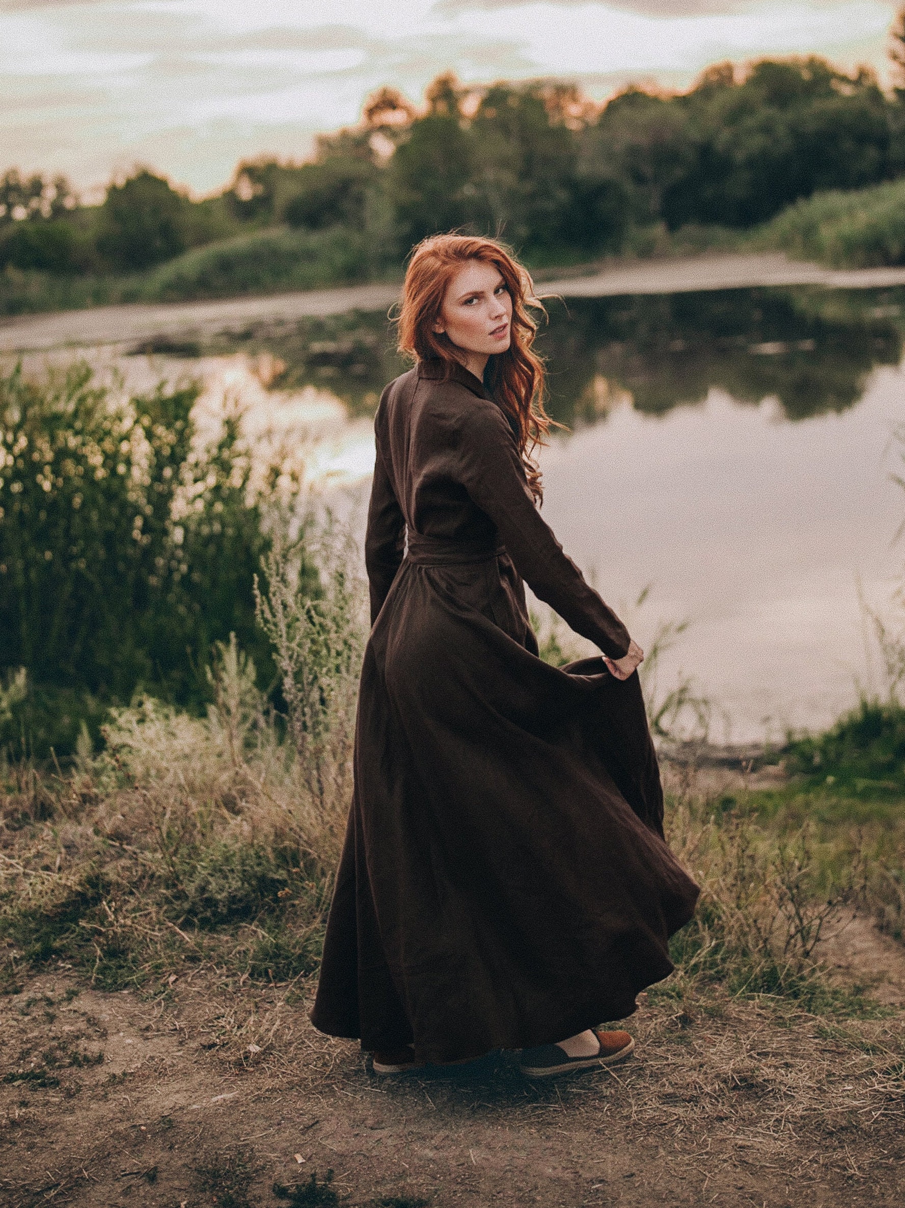 Chocolate Brown Linen Dress, Heavy Linen Maxi Dress, Long Sleeve Linen Dress, Linen Wrap Dress, Boho Dress, Kimono Dress, Fall Winter Dress