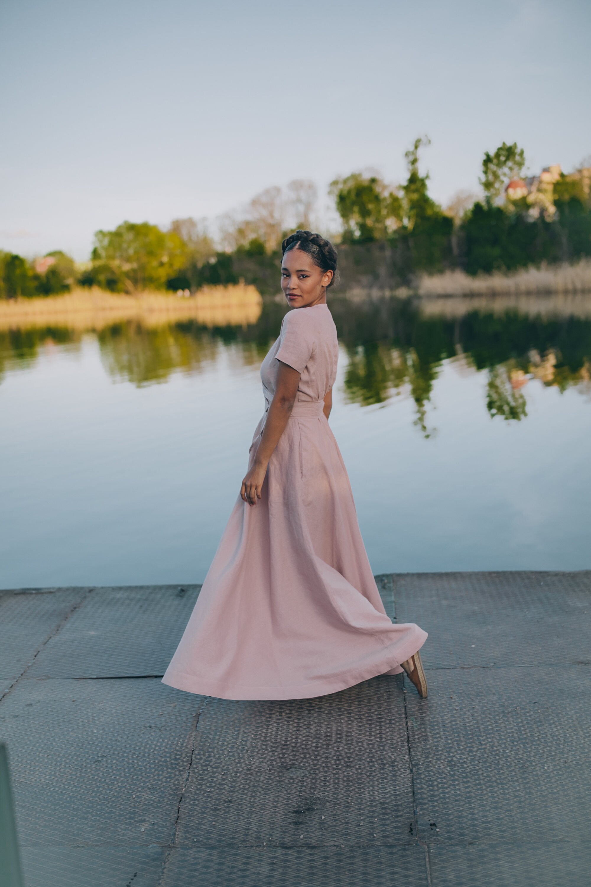 Blush Pink Linen Maxi Dress, Short Sleeve, Pockets, Faux Wrap