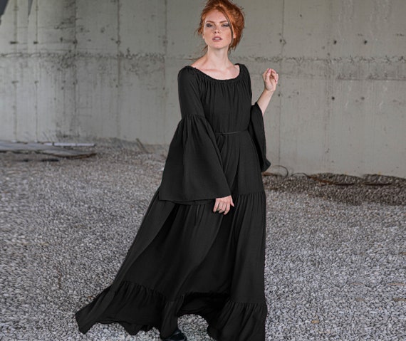 Black Maxi Dress Bell Sleeve Dress Fall 