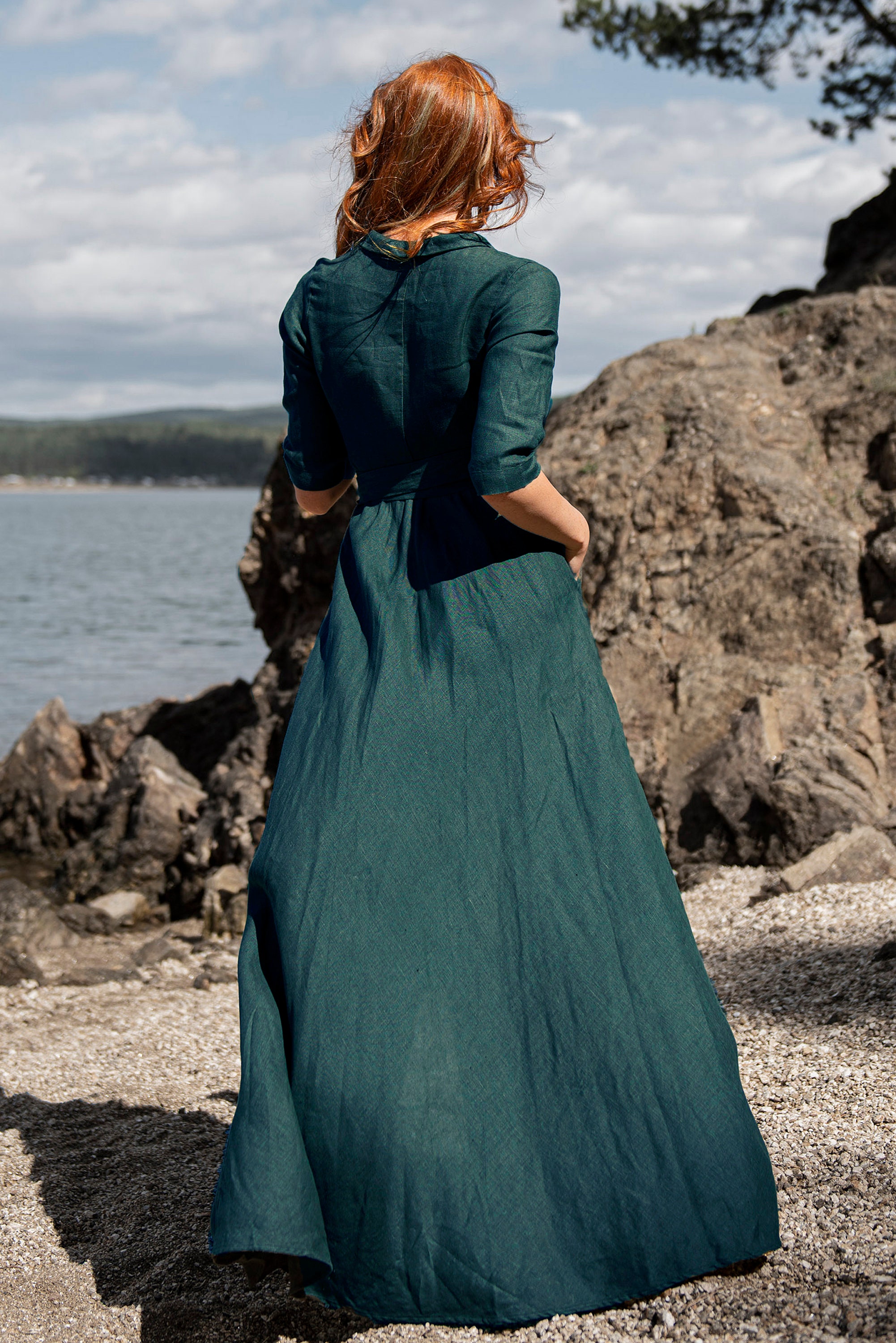 Emerald Green Linen Maxi Dress, Boho Kimono Wrap Dress, Linen Clothing Women
