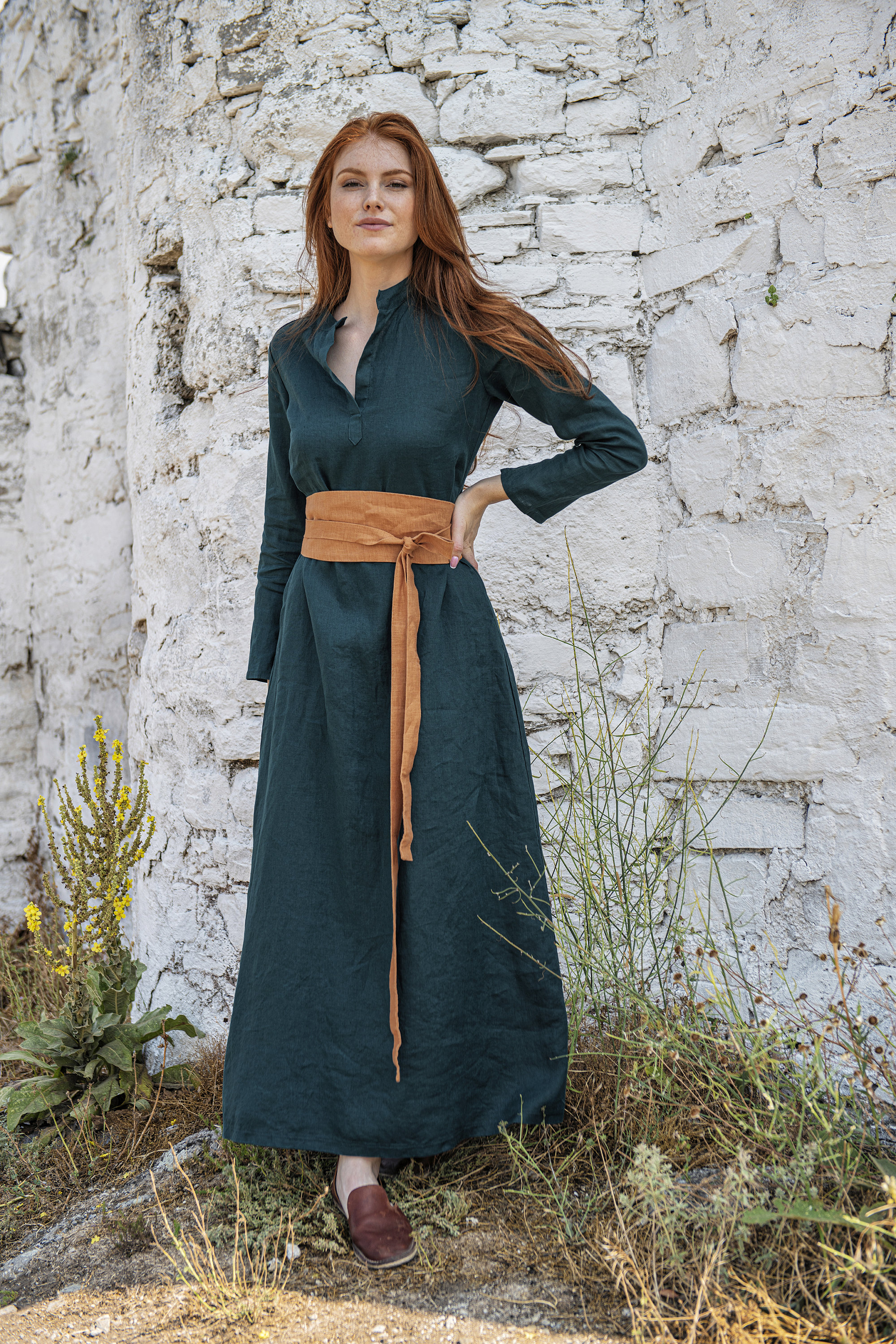 Linen Maxi Dress, Long Sleeve Maxi Dress, Emerald Linen Kaftan