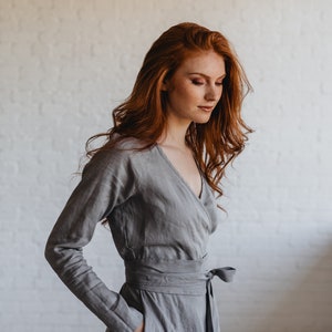 Long Sleeve Linen Midi Dress, Gray Linen Dress For Women, Heavy Linen Dress, Fall Linen Dress with Pockets, Plus Size Linen Clothing image 7