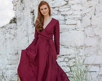 Long Linen Wrap Dress, Burgundy Linen Dress, Linen Maxi Dress, Long Sleeve Linen Dress, Linen Maxi Dress, Women Maxi Dress, Boho Maxi Dress