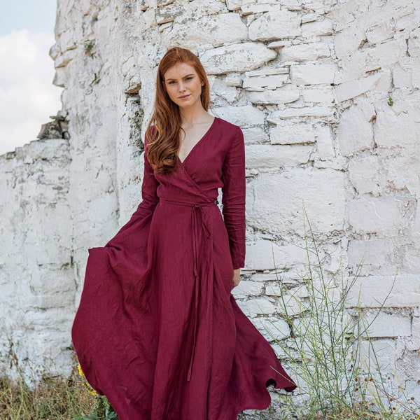 Robe longue portefeuille en lin, robe en lin bordeaux, robe longue en lin, robe en lin à manches longues, robe longue en lin, robe longue pour femme, robe longue bohème