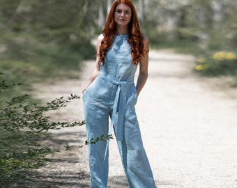 Light Blue Jumpsuit, Linen Jumpsuit, Women Jumpsuit, Casual Jumpsuit, Linen Clothing for Women, Plus Size Clothing, Linen Overall With Belt