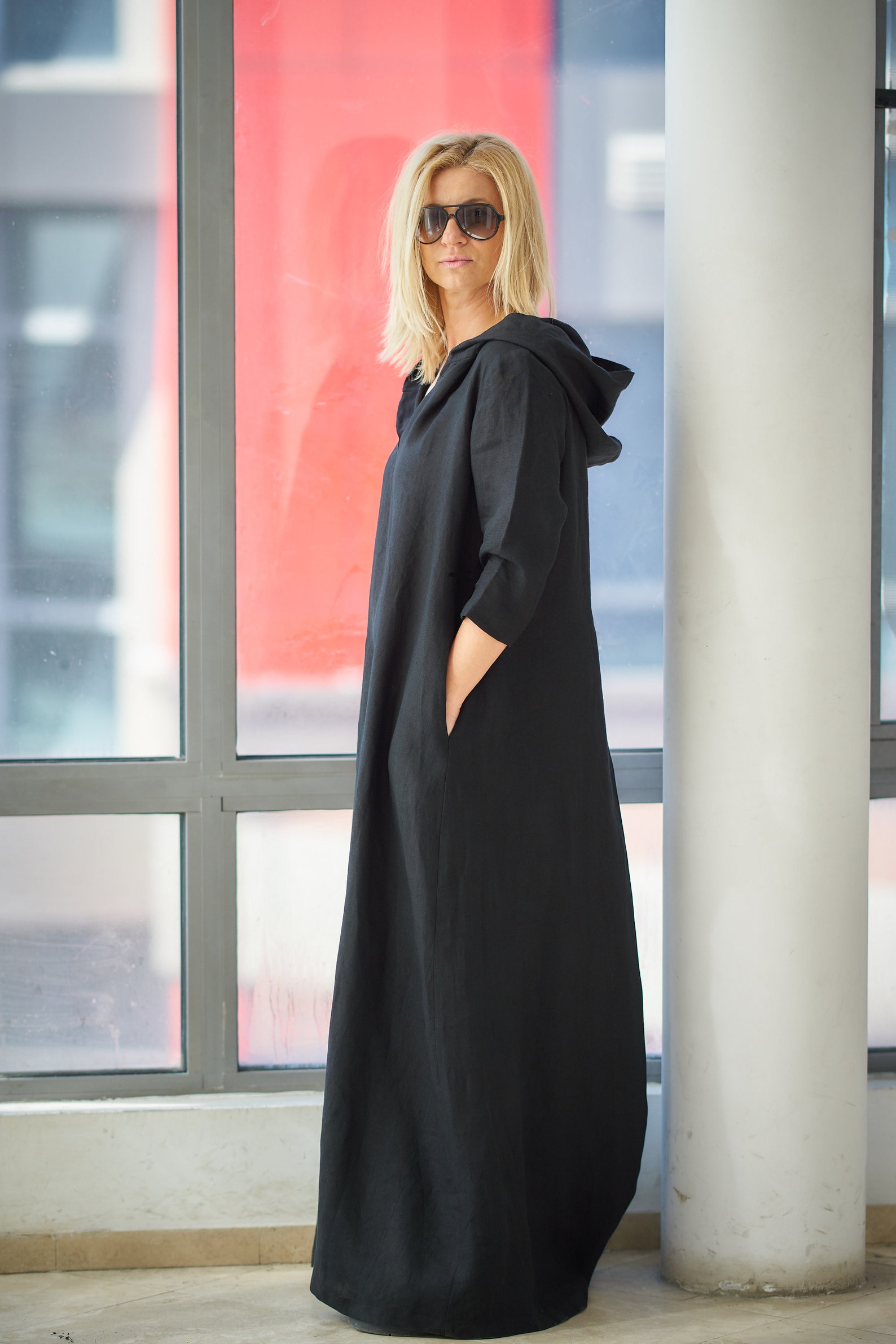 Black Linen V-Neck Maxi Dress