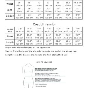 May include: A size chart with measurements in inches and centimeters for bust, waist, hips, and height, ranging from XS to 3XL. Includes coat dimension measurements for upper arm, sleeve, and length. Also includes instructions on how to measure.