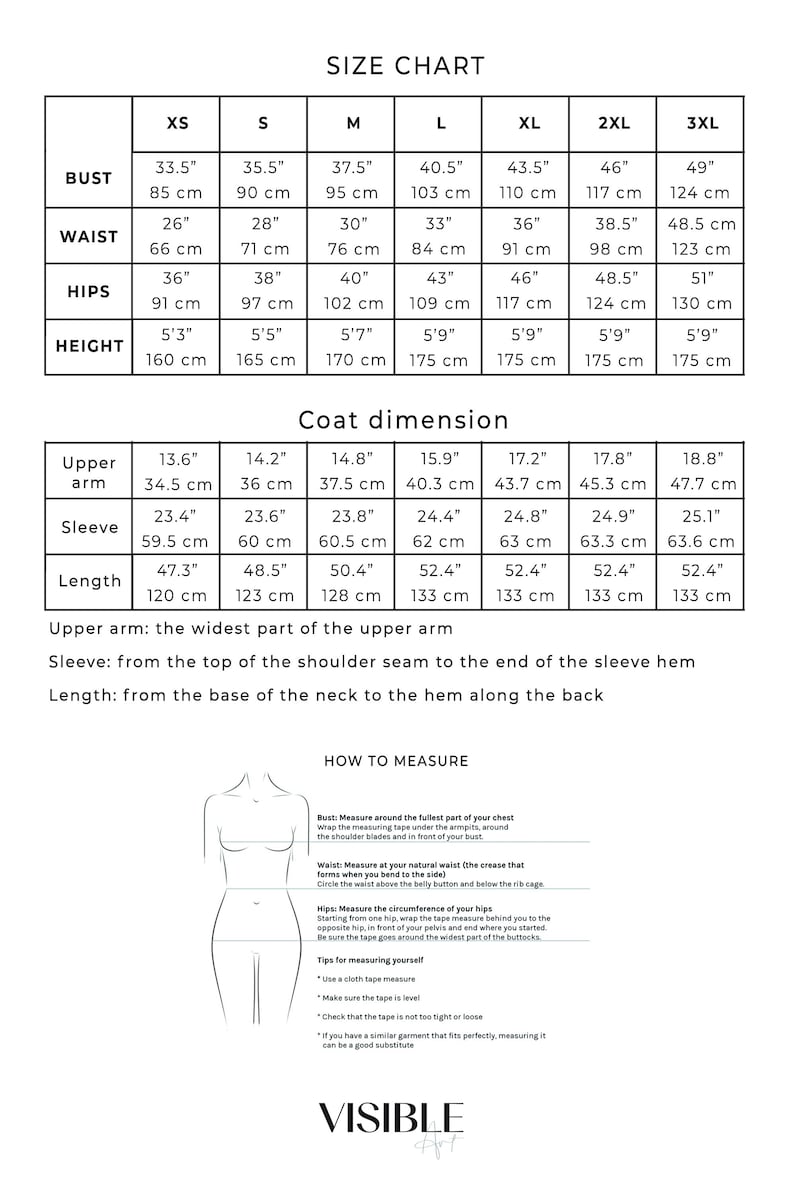 May include: A size chart with measurements in inches and centimeters for bust, waist, hips, and height, ranging from XS to 3XL. Includes coat dimension measurements for upper arm, sleeve, and length. Also includes instructions on how to measure.