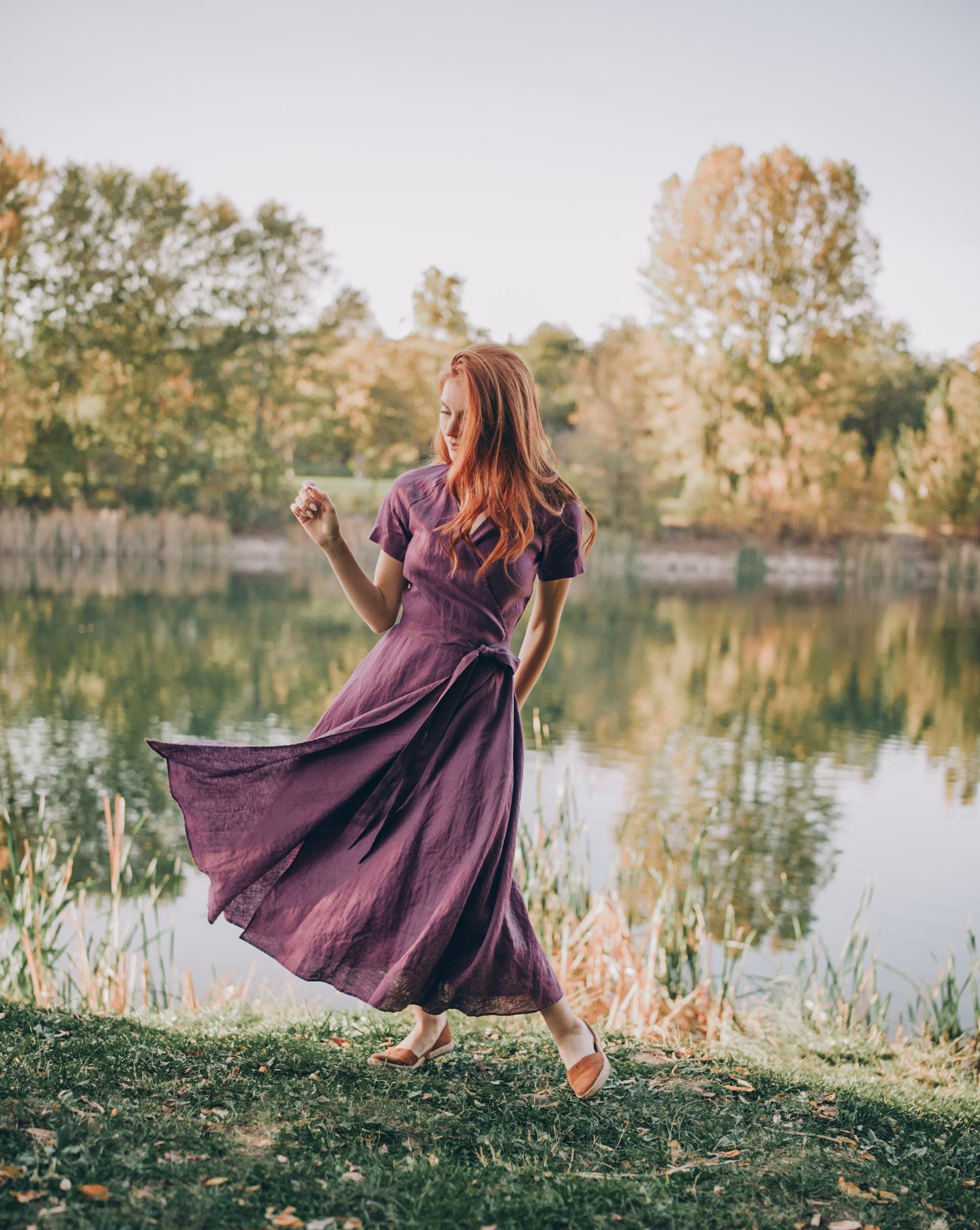 Linen Wrap Dress for Women, Purple Midi Dress, Linen Summer Dress, Amethyst Linen Dress, Chic Comfort Dress, Bohemian Linen Clothing Women, XS / Deep
