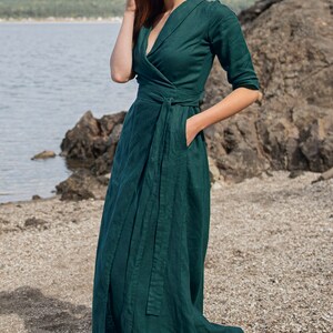 Timeless elegance in its most graceful form. We would like to present you this A-line wrap linen dress with an elegant tie waist and a V-neck collar. Made of 100% high quality linen, this piece is available to order in multiple classic colors.
