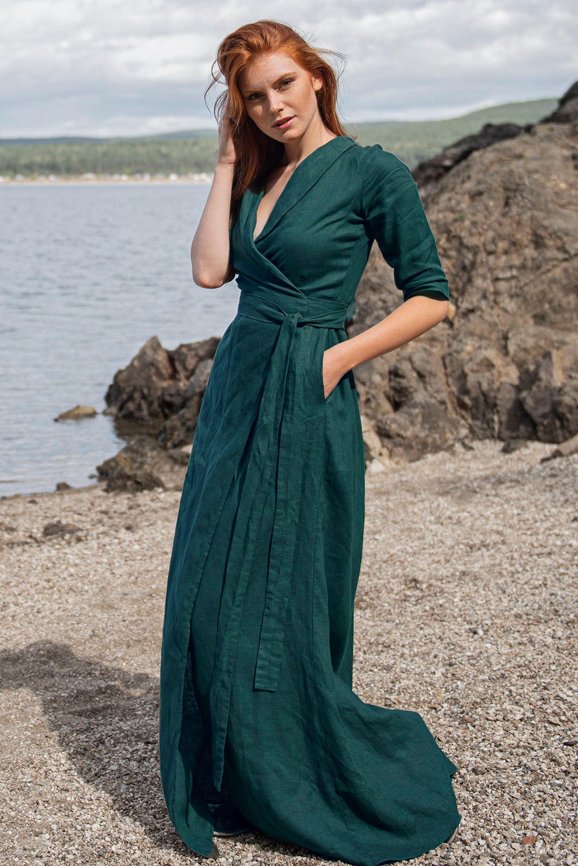 Emerald Green Linen Dress Linen Wrap Dress Linen Clothing Etsy