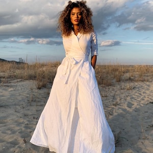 Linen Dress with Shawl Collar, Linen Wrap Dress, White Dress for Women, Linen Maxi Dress, Plus Size Long Linen Dress,Bohemian Linen Clothing