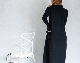 Black Knit Maxi Dress, Turtleneck Sweater Dress with Pockets