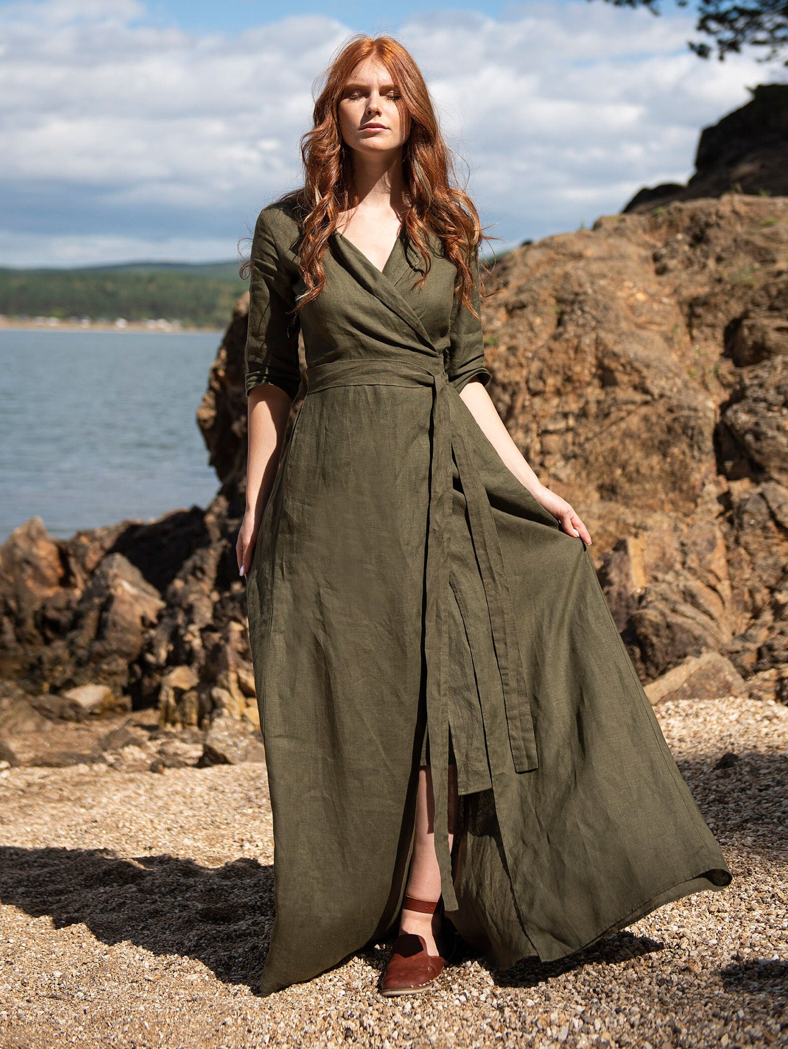 Emerald Green Linen Maxi Dress, Wrap Tie Waist, Handmade Linen Clothing