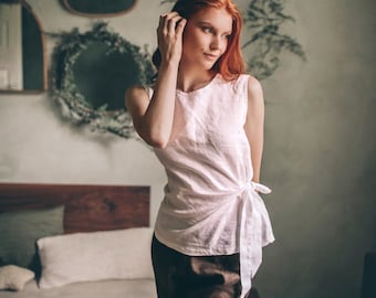 Túnica de lino de verano con detalle de nudo: camisa sin mangas con elegante lazo.