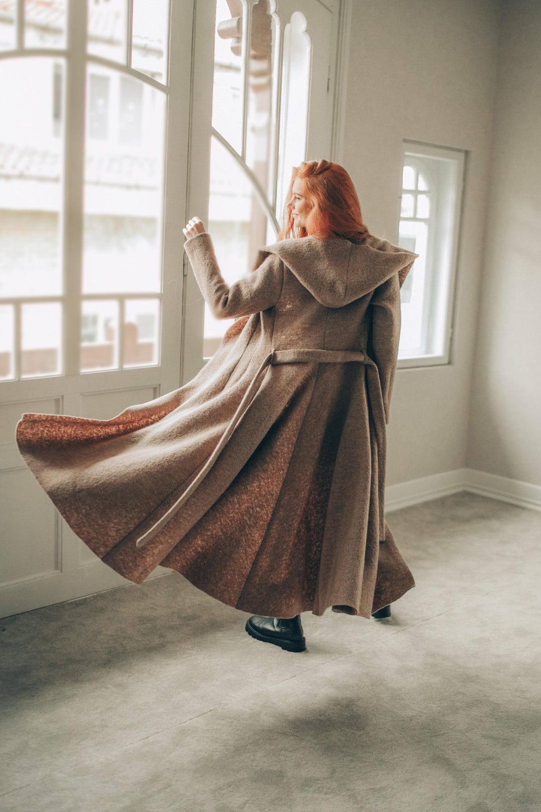 Maxi Wool Hooded Cardigan Coat: Princess Silhouette With Belt and