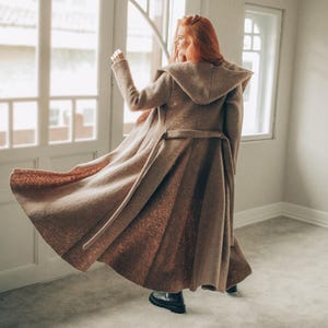 Maxi Wool Hooded Cardigan Coat: Princess Silhouette with Belt and Pockets, Winter Overcoat
