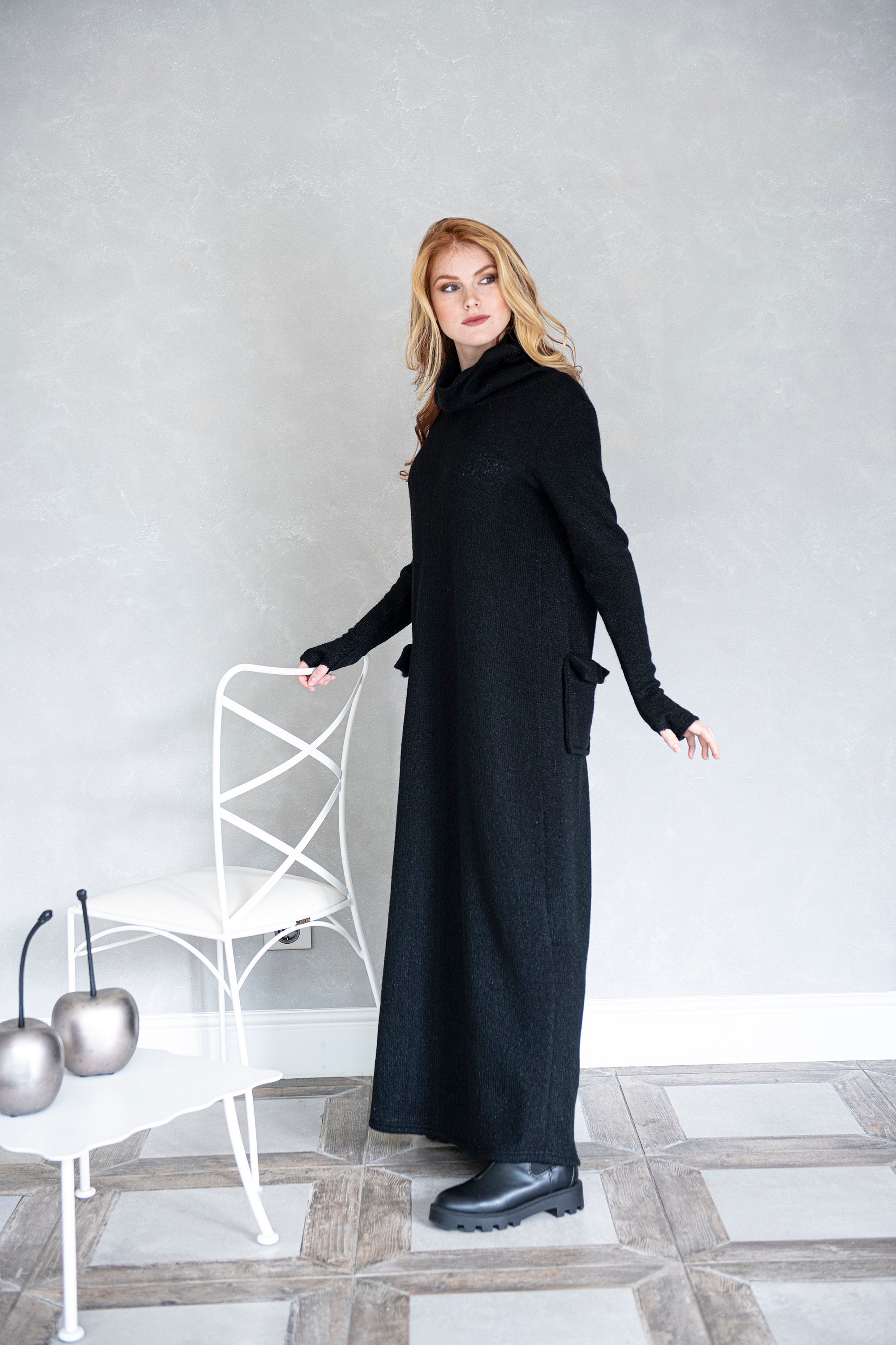 Turtleneck Knit Maxi Sweater Dress, Pockets, Winter Clothing