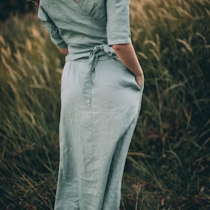 Linen Cropped Top in Dusty Turquoise, Linen Wrap Shirt, Reversible Linen Top, Boho Linen Top for Women, Plus Size Linen Clothing, Summer Top image 6