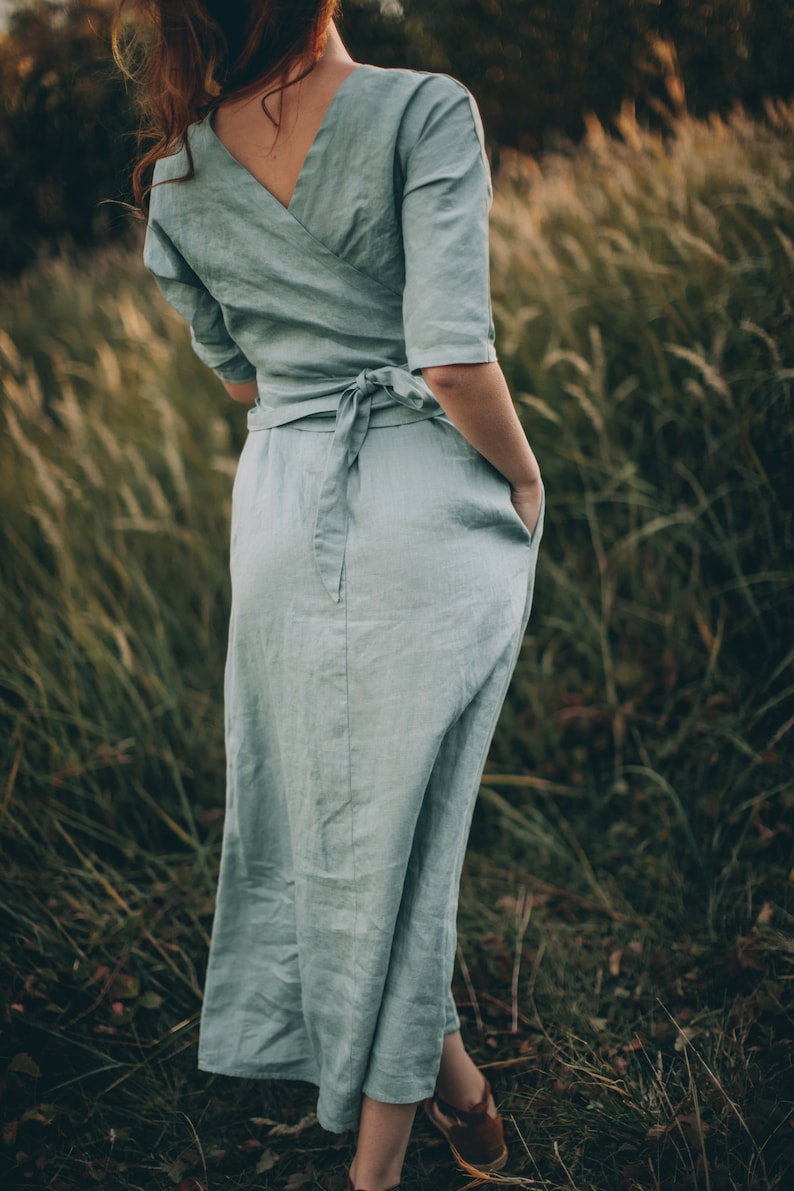 Linen Cropped Top in Dusty Turquoise, Linen Wrap Shirt, Reversible Linen Top, Boho Linen Top for Women, Plus Size Linen Clothing, Summer Top image 6