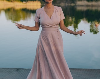 Linen Wrap Dress - Linen Maxi Dress in Cream - Short Sleeve Summer Linen Dress - Long Linen Dress with Pockets - Classic Linen Dress, M / Vintage Pink