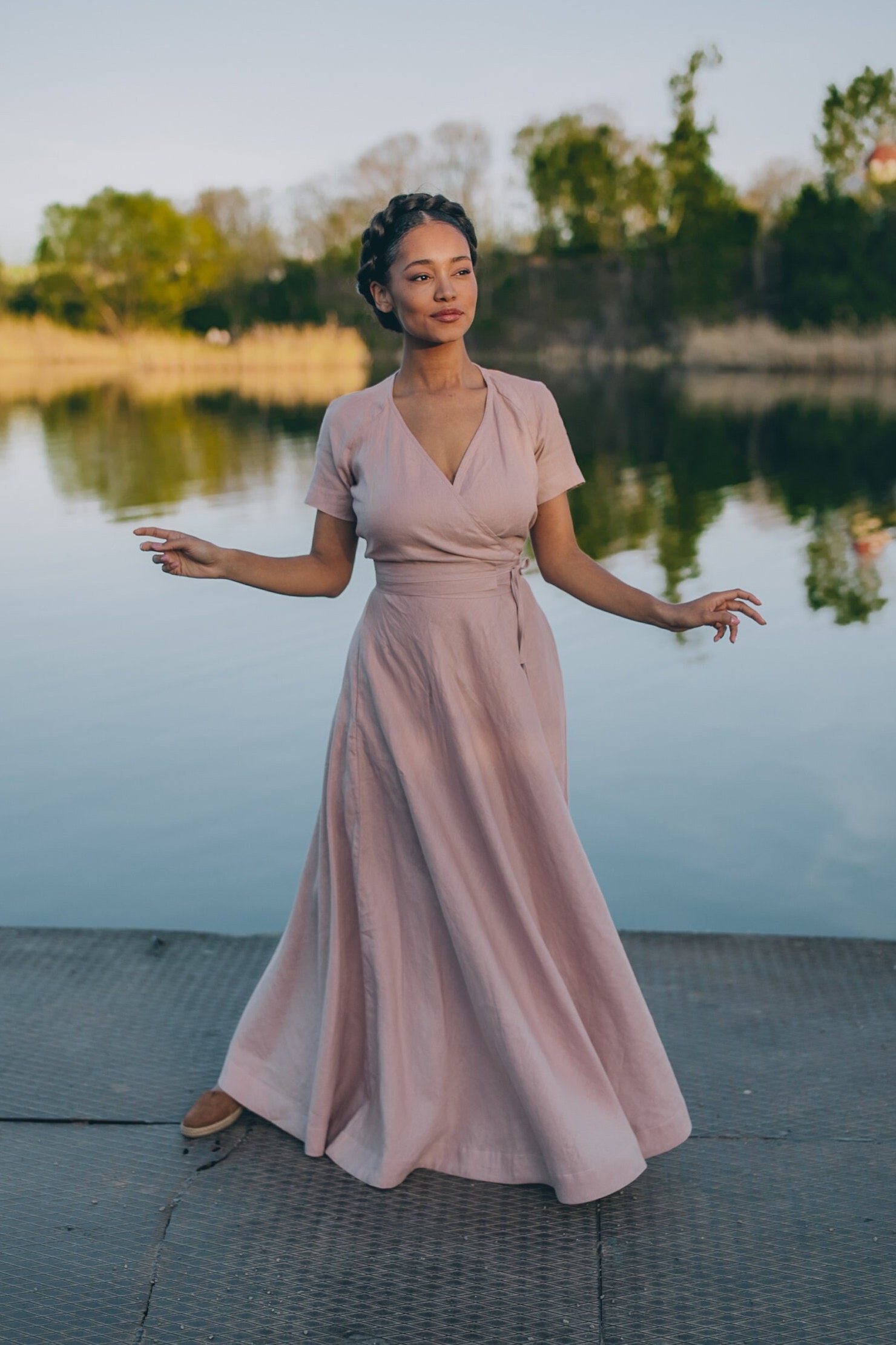 light pink wrap maxi dress S Size Light Pink Wrap Satin Dress With Flutter Sleeves (Ready to Ship)