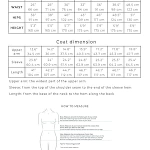 May include: Size chart for clothing with measurements in inches and centimeters. The chart includes bust, waist, hips, height, upper arm, sleeve, and length. The chart also includes a diagram showing how to measure yourself.