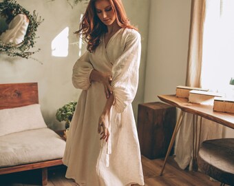 Linen Puff Sleeve Dress, Stylish Linen Wrap Dress for Women, Midi Dress for Women, Bishop Sleeve Dress, Linen Wedding Dress, Formal Dress, XS / Cream