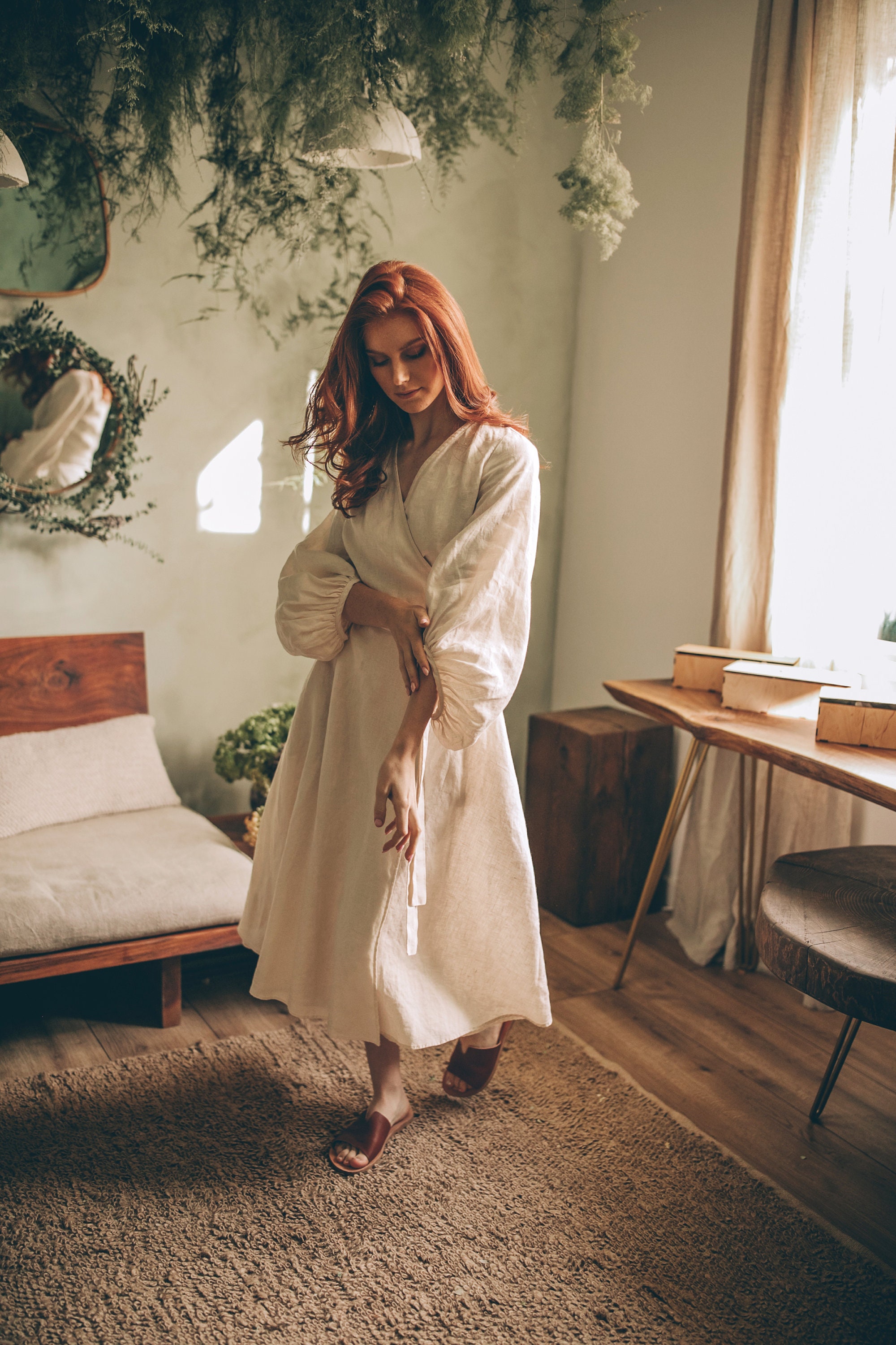 cream wrap dress midi Linen Puff Sleeve Dress, Stylish Linen Wrap Dress for Women, Midi Dress for Women, Bishop Sleeve Dress, Linen Wedding Dress, Formal Dress, XS / Cream