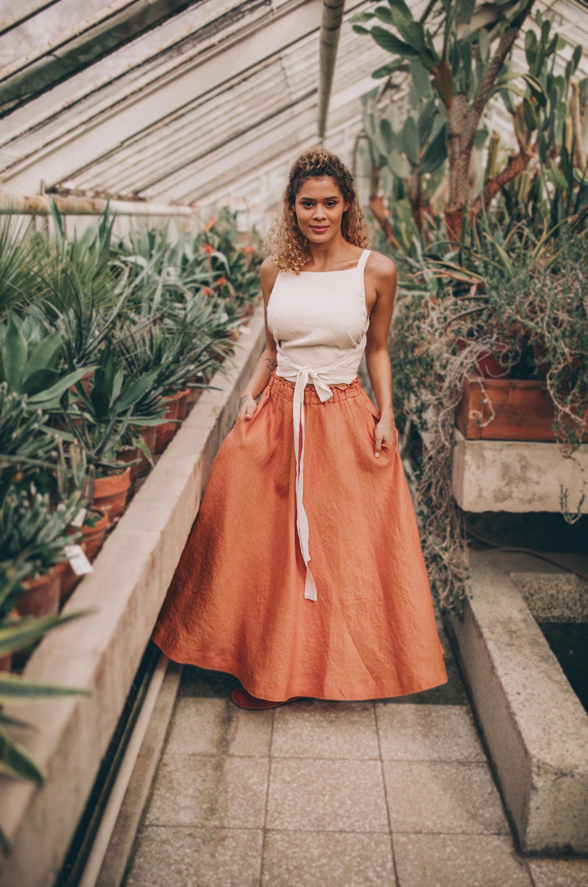 Rusty Orange Linen Midi Skirt: Elastic Waist, Full Circle, Summer