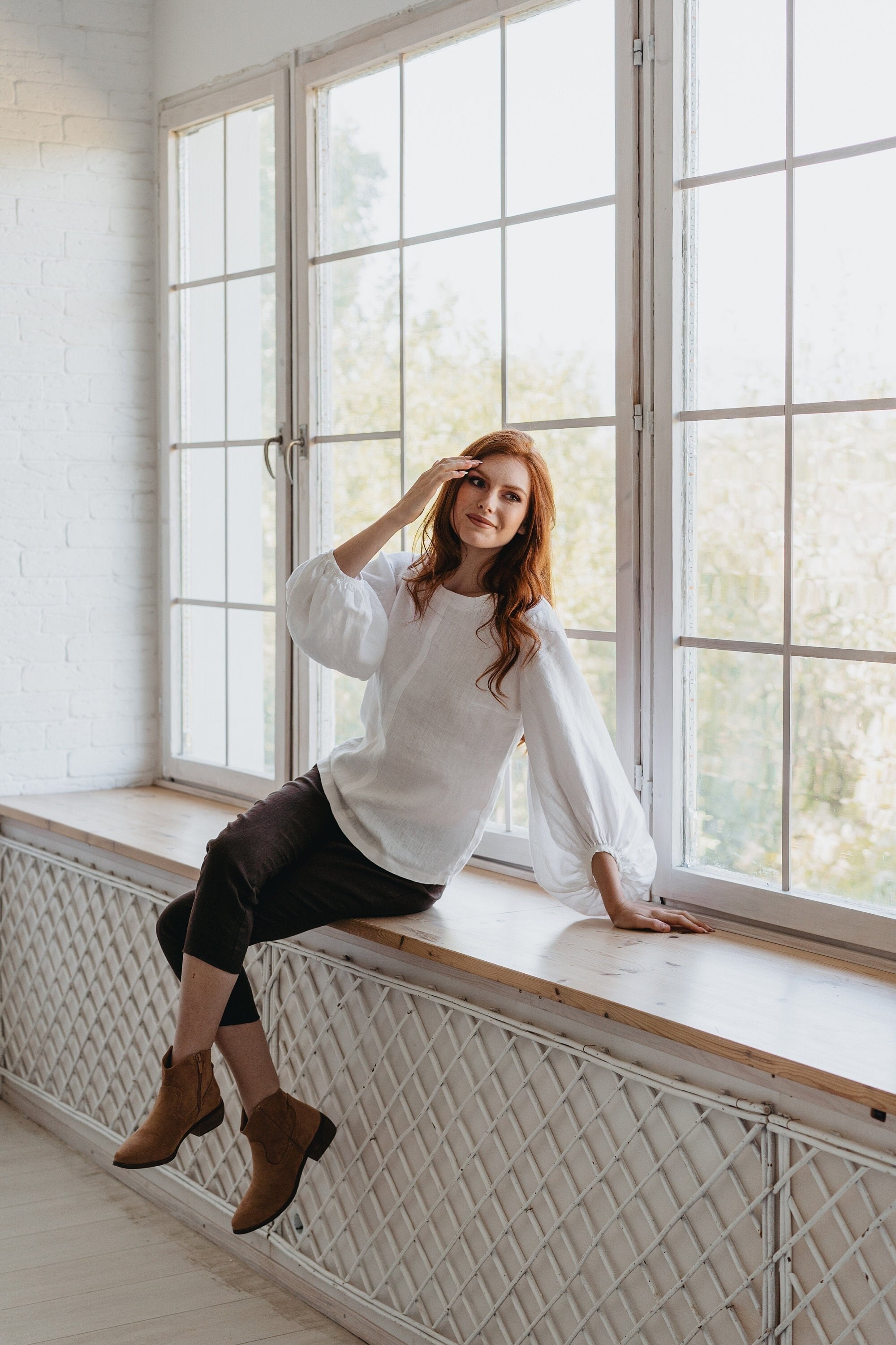 Heavy Linen Blouse, Renaissance Linen Shirt, Long Sleeved Linen Top, Plus Size Linen, Women Puffy Sleeve Blouse, White Balloon Sleeve Shirt