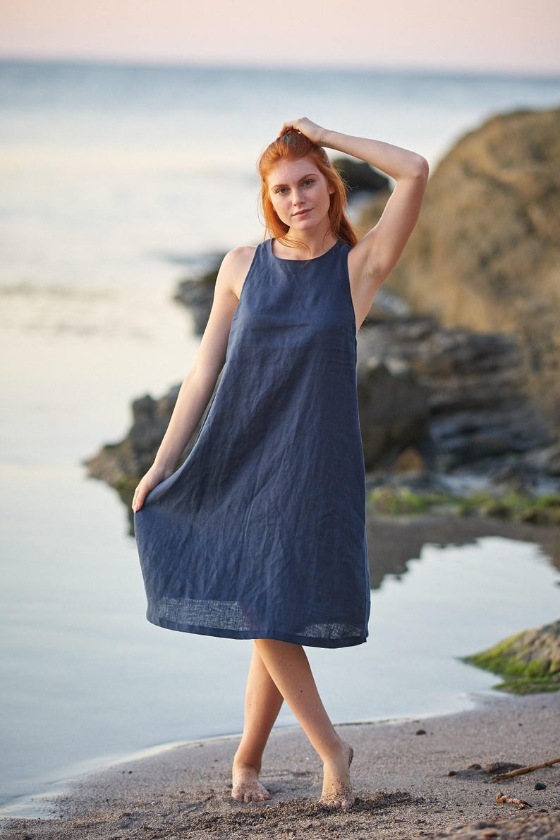 Abito corto in lino da donna, lunghezza al ginocchio, abbigliamento estivo, vestito corto immagine 2