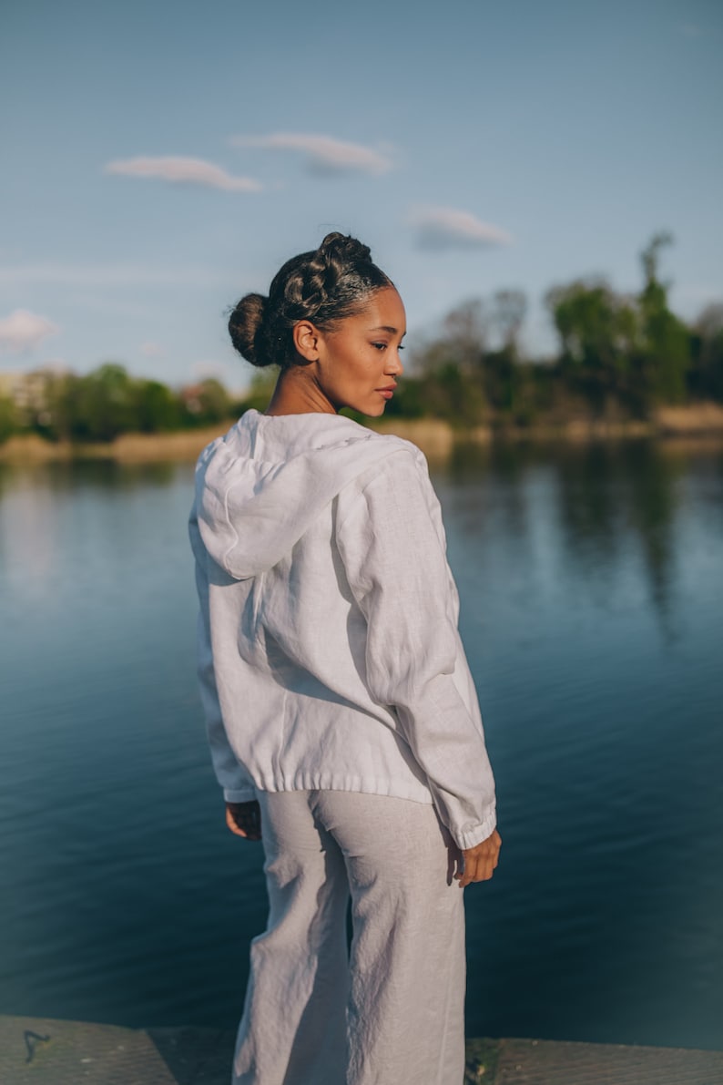 Veste d'été à capuche en lin, sweat-shirt en lin, sweat à capuche avec poches, cardigan d'été en lin, vêtements en lin pour femme grandes tailles, chemise en lin épais image 3